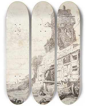 Triptych art skateboard deck of Bartholomeus Breenbergh Forfaldent Hus by Bartholomeus Breenbergh (1598-1657)