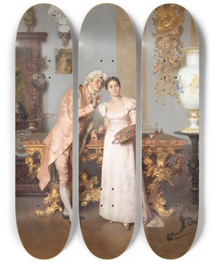 Triptych art skateboard deck of Francesco Beda The Art Lesson by Francesco Beda (1840-1900)