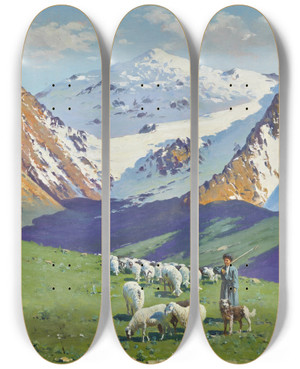 Triptych art skateboard deck of Richard Karlovich Zommer Shepherd In The Caucasus by Richard Karlovich Zommer (1866-1939)