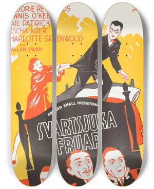 Triptych art skateboard deck of Eric Rohman Up In Mabels Room by Eric Rohman (1891-1949)