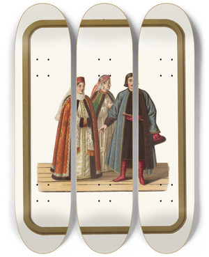 Triptych art skateboard deck of Fedor Grigoryevich Solntsev Odezhda Boiaryshen Pri Petre I Odezhda Boiarina S Portreta Kn Repnina Iz Puteshestviia Fan Briuina by Fedor Grigoryevich Solntsev (1801-1892)