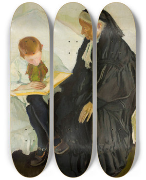 Triptych art skateboard deck of Konrad Krzyanowski Grandmother With Her Grandson by Konrad Krzyzanowski (1872-1922)