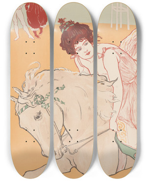 Triptych art skateboard deck of Richard Ranft The Rider Lecuyre by Richard Ranft (1862-1931)