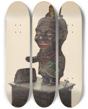 Triptych art skateboard deck of Pearl Torell Toy Bank Stump Speaker by Pearl Torell