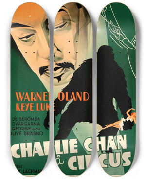 Triptych art skateboard deck of Eric Rohman Charlie Chan At The Circus by Eric Rohman (1891-1949)