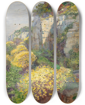 Triptych art skateboard deck of Hugo Charlemont Broom In Bloom On Brioni by Hugo Charlemont (1850-1939)