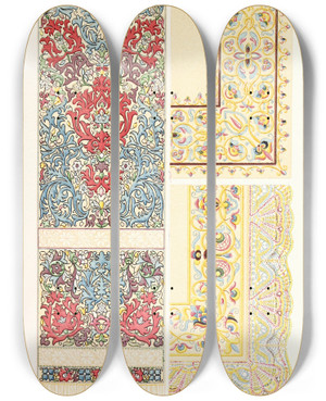 Triptych art skateboard deck of John Charles Robinson Linen Scarf Embroidered With Silk Ancient Embroidered Silk Tablecover by John Charles Robinson (1824-1913)