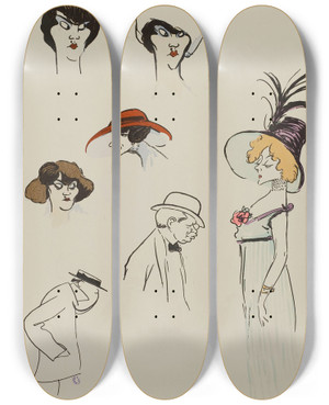 Triptych art skateboard deck of Georges Goursat Sem Jeanne Marnac Germain Thouvenin Et Du Tillet Anna Held by Georges Goursat (Sem) (1863-1934)