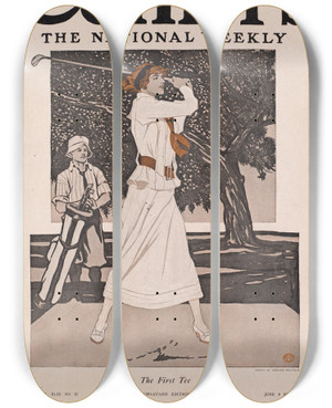 Triptych art skateboard deck of Edward Penfield Colliers The National Weekly The First Tee by Edward Penfield (1866-1925) Triptych art skateboard deck of Edward Penfield Colliers The National Weekly The First Tee by Edward Penfield (1866-1925)