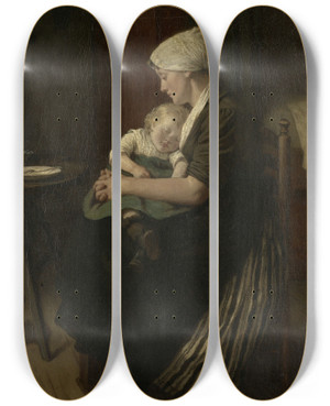 Triptych art skateboard deck of David Adolph Constant Artz Lulled To Sleep by David Adolph Constant Artz (1837-1890)