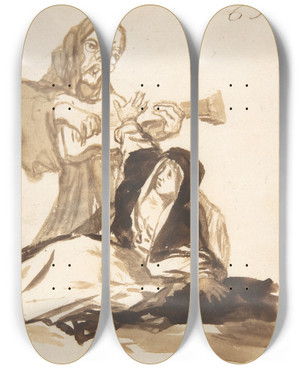 Triptych art skateboard deck of Francisco De Goya A Nun Frightened By A Ghost Playing A Guitar by Francisco de Goya (1746-1828)