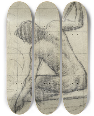 Triptych art skateboard deck of Pierre Puvis De Chavannes Homme Nu Assis De Dos Tenant Un Bton by Pierre Puvis De Chavannes (1824-1898)