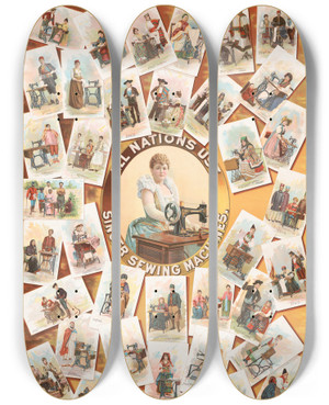 Triptych art skateboard deck of Jottmann Lith Co All Nations Use Singer Sewing Machines by J.Ottmann Lith. Co. (19-20-)