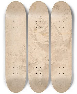 Triptych art skateboard deck of Jusepe De Ribera Virgin And Child On Crescent Moon With Putti by Jusepe de Ribera (1591-1652)
