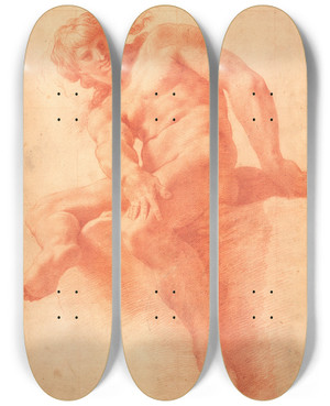 Triptych art skateboard deck of Pellegrino Tibaldi Siddende Ung Ngen Mand by Pellegrino Tibaldi (1527-1596)