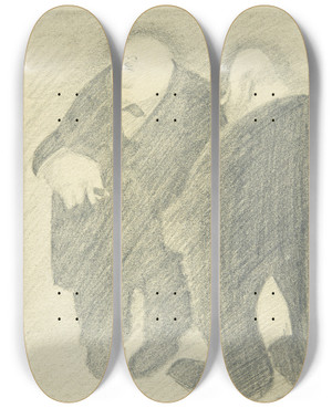 Triptych art skateboard deck of Robert Storm Petersen Stilfrdig Samtale by Robert Storm Petersen (1882-1949)