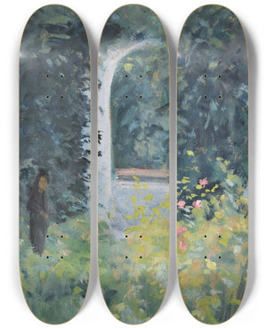 Triptych art skateboard deck of Ernst Schiess Woman In A Rose Garden by Ernst Schiess (1872-1919)