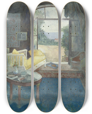 Triptych art skateboard deck of William Henry Bishop An Interior At Nicefrance by William Henry Bishop (1847-1928)