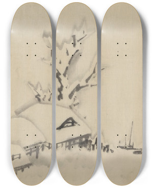 Triptych art skateboard deck of Katsushika Hokusai Buildings And Large Tree On The Waterfront With Two Boats Anchored Offshore by Katsushika Hokusai (1760-1849)