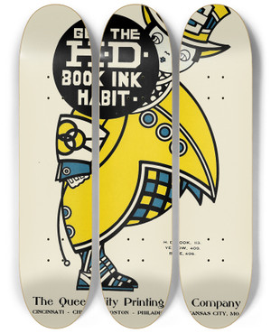 Triptych art skateboard deck of Augustus Jansson Queen City Ink Ad 14 by Augustus Jansson (1863-1931)