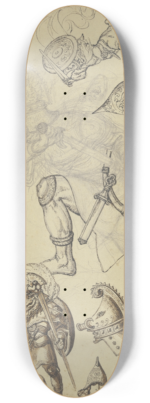 Ferdinand Fellner - Studienblatt; Ritter und Damen, mittig ein das Schwert ziehender Ritter in energischer Bewegung nach links 8.25 inch art skate deck