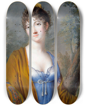 Triptych art skateboard deck of Genot Lady In Blue With Yellow Shawl by Genot (1800-1830)