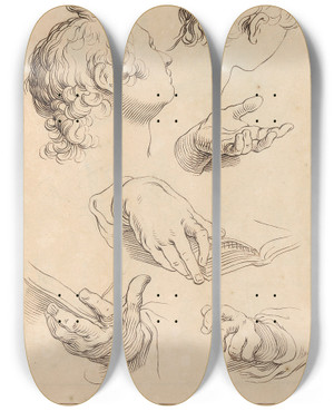 Triptych art skateboard deck of Hamlet Winstanley Various Sketches Of Heads And Hands by Hamlet Winstanley (1698-1756)
