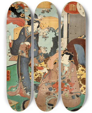 Triptych art skateboard deck of Utagawa Kunisada Ii Hanachirusato by Utagawa Kunisada Ii (1823-1880)