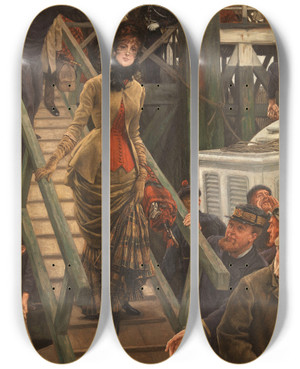 Triptych art skateboard deck of James Tissot Embarkation At Calais by James Tissot (1836-1902)