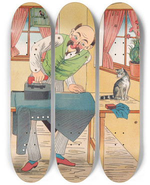 Triptych art skateboard deck of Lothar Meggendorfer Lustiges Automatentheater Pl 3 by Lothar Meggendorfer (1847-1925)