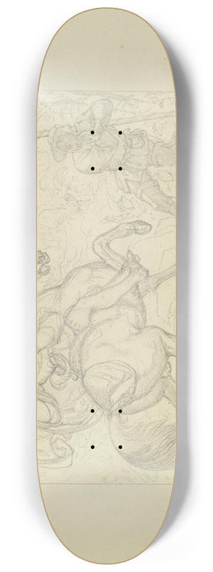 Ferdinand Fellner - Ungedeutete Szene; Ein Ritter, einen mit einem Spie bewaffneten Bauern an einem Bildstock mit der Armbrust bedrohend. 8.25 inch art skate deck