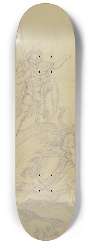 Ferdinand Fellner - Ungedeutete Szene; Zwei Ritter in einem anlandenden Kahn berraschen am Ufer zwei junge Frauen 8.25 inch art skate deck