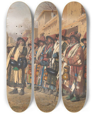 Triptych art skateboard deck of Vasily Vereshchagin Chorus Of Dervishes Begging For Alms Tashkent by Vasily Vereshchagin (1842-1904)