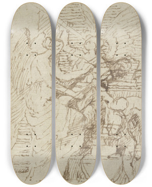 Triptych art skateboard deck of Nicolas Poussin Clio And Pheme by Nicolas Poussin (1594-1665)
