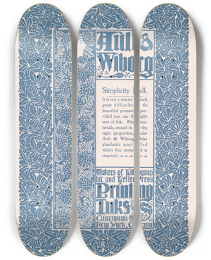 Triptych art skateboard deck of Will Bradley Ault And Wiborg Ad 125 by Will Bradley (1868-1962)