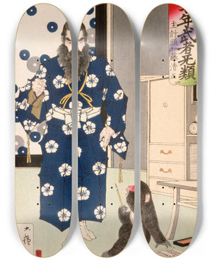 Triptych art skateboard deck of Tsukioka Yoshitoshi Kazuenokami Kat Kiyomasa Observing A Monkey With A Writing Brush by Tsukioka Yoshitoshi (1839-1892)