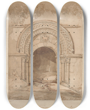 Triptych art skateboard deck of John Sell Cotman Entrance Into The Cornmarket Formerly The Chapel Of St Louis At Bayeux by John Sell Cotman (1782-1842)