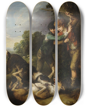 Triptych art skateboard deck of Thomas Gainsborough Two Shepherd Boys With Dogs Fighting by Thomas Gainsborough (1727-1788)