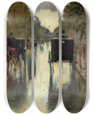 Triptych art skateboard deck of Lesser Ury Berlin Street Scene With Horsedrawn Cabs by Lesser Ury (1861-1931)