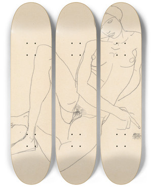 Triptych art skateboard deck of Egon Schiele Sitzender Weiblicher Akt Mit Gegrtschten Beinen by Egon Schiele (1890-1918)