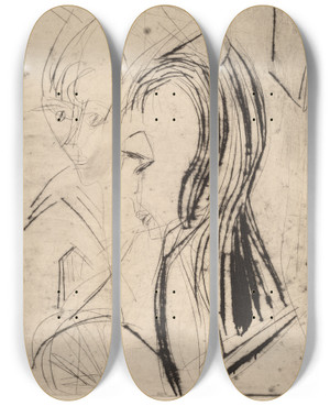 Triptych art skateboard deck of Ernst Ludwig Kirchner Heads Of Two Girls by Ernst Ludwig Kirchner (1880-1938)