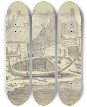 Triptych art skateboard deck of Herman Saftleven Iii Shipyard_1 by Herman Saftleven Iii (1609-1685)