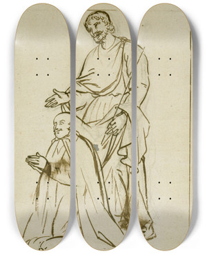 Triptych art skateboard deck of Prosper Lafaye Homme En Prire Et Son Saint Protecteur by Prosper Lafaye (1806-1883)