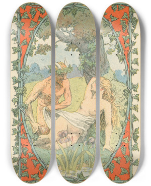 Triptych art skateboard deck of Lon Lebgue Nymph And Satyr by Leon Lebegue (1863-1944)