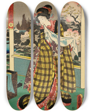 Triptych art skateboard deck of Utagawa Kunisada Toyokuni Iii Yellow by Utagawa Kunisada (Toyokuni III) (1786-1865)