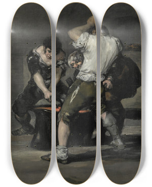 Triptych art skateboard deck of Francisco De Goya The Forge by Francisco de Goya (1746-1828)