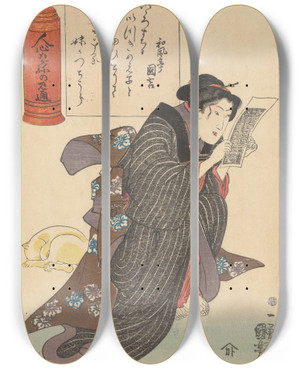 Triptych art skateboard deck of Utagawa Kuniyoshi Woman In Black Kimono With White Stripes Reading Yellow Cat Asleep by Utagawa Kuniyoshi (1797-1861)