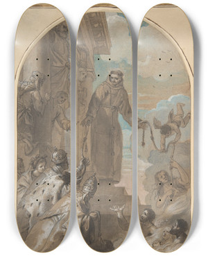 Triptych art skateboard deck of Jan Erasmus Quellinus The Distribution Of The Franciscan Cords by Jan Erasmus Quellinus (1634-1715)