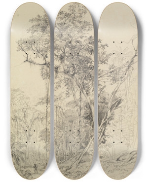 Triptych art skateboard deck of Ferdinand Keller Baumstudie Mit Weg Und Staffage Im Urwald by Ferdinand Keller (1842-1922)