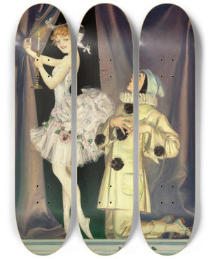 Triptych art skateboard deck of Frank Xavier Leyendecker Pierrot And Columbine by Frank Xavier Leyendecker (1876-1924)